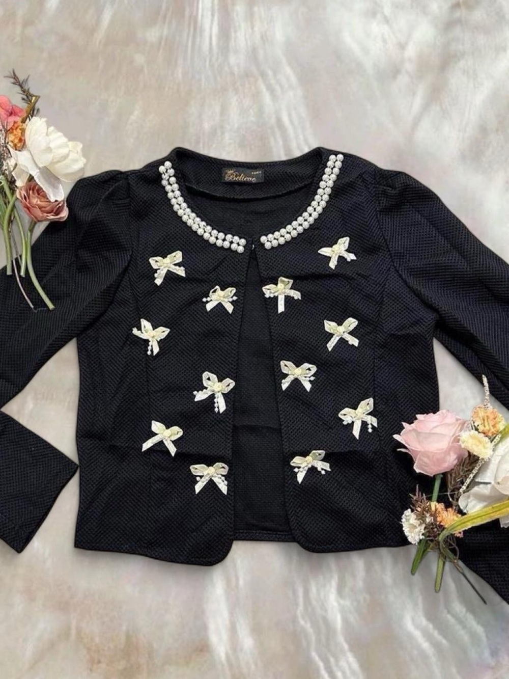 Beaded Collar Black Bow-Embellished Women's Cardigan